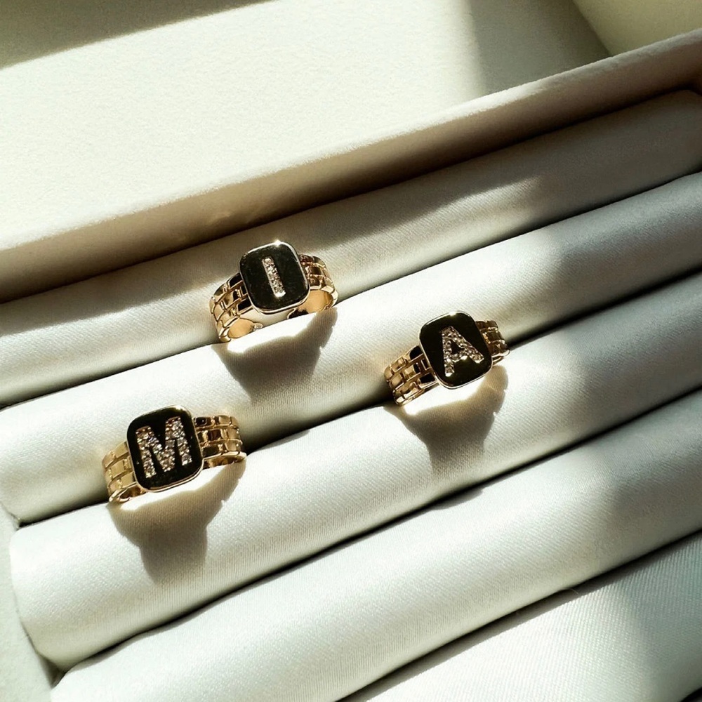 18K Gold Filled Thick Brick Letter Ring With Zirconia Stones